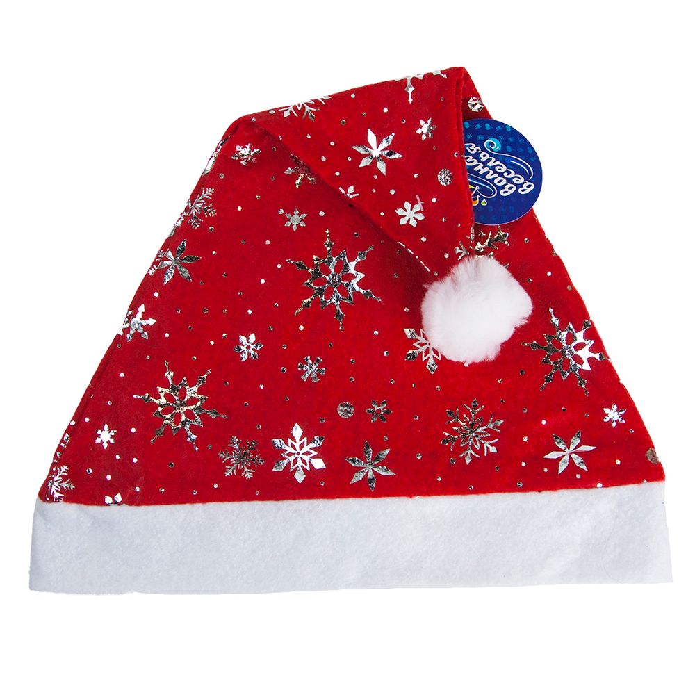 Колпак Новогодний, Серебряные снежинки, Красный, 1шт.
