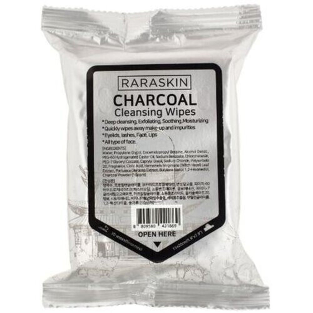 Салфетки для лица очищающие с активированным углем Raraskin  Cleansing wipes charcoal, 30 шт