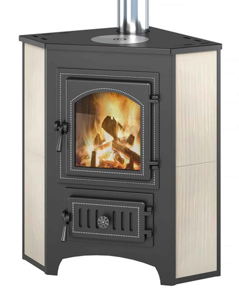 Печь-Камин ВЕЗУВИЙ ПК-01 (220) угловой беж. с конфоркой 9 кВт (150 м3) Ø 115 мм