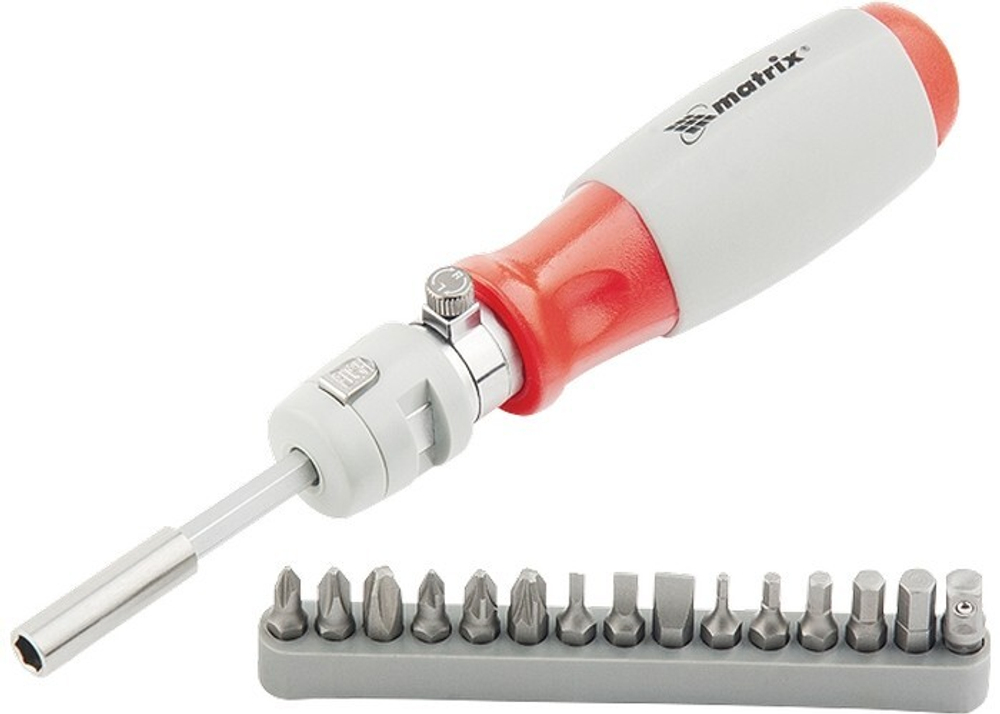 Отвертка реверсивная, телескопическая, силовой элемент под ключ, набор бит, CrV, 15 шт Matrix