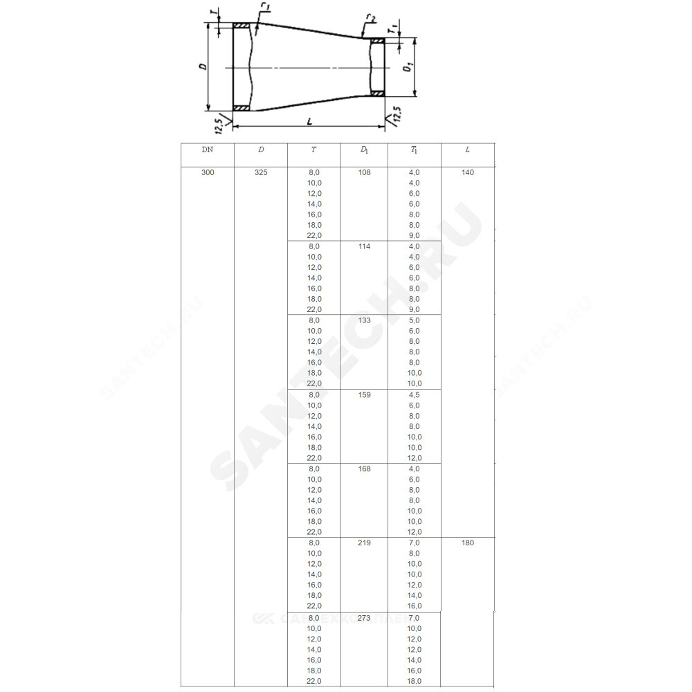Переход сталь концентрический Дн 273х7,0-159х4,5 (Ду 250х150) бесшовный ГОСТ 17378-2001