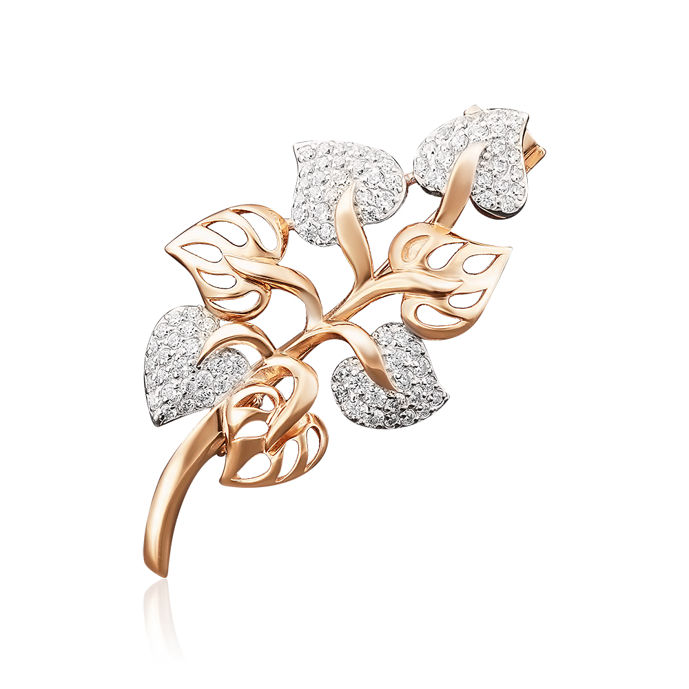 Брошь «Ветвь» из красного золота с фианитами