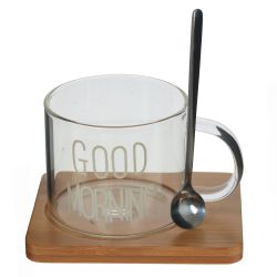 GAEM Кружка с ложкой на деревянной подставке, 300 мл, L12 W9,5 H10 см, 2в.