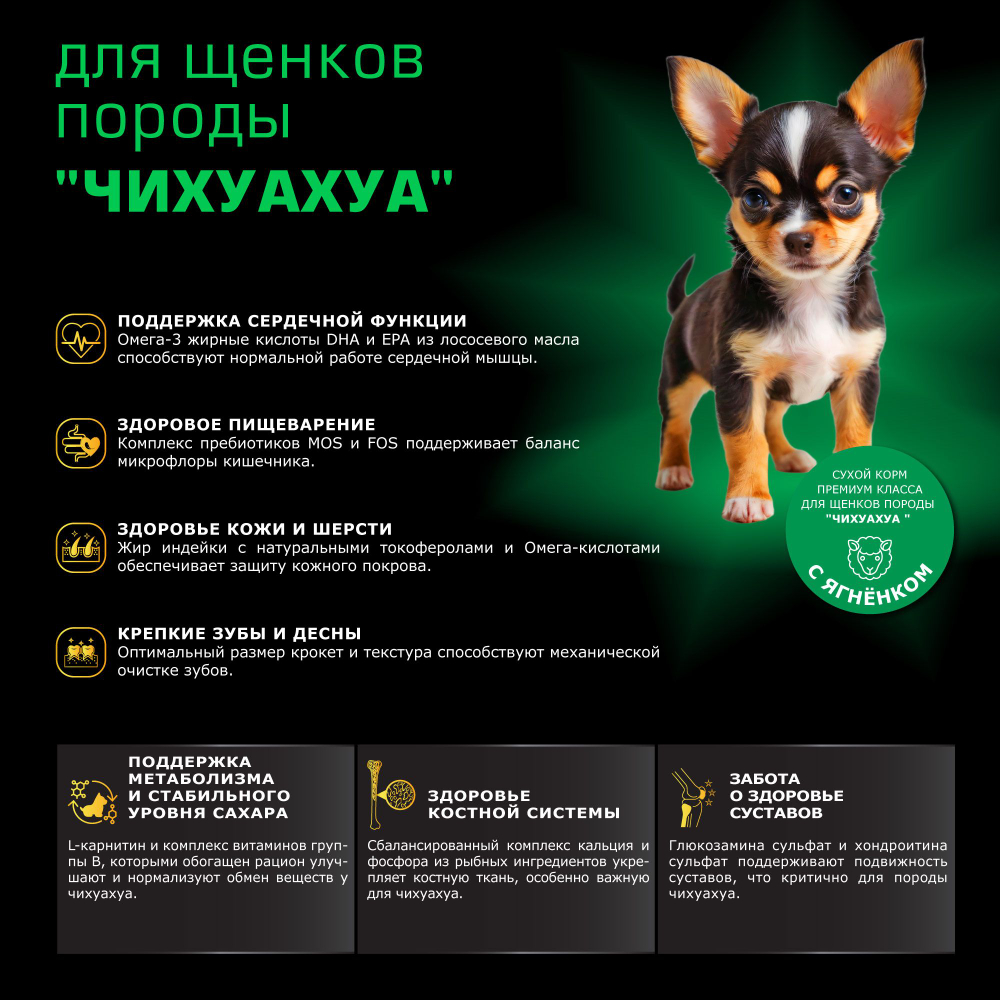 Корм сухой для щенков породы Чихуахуа, премиум полнорационный комплекс, с ягненком, 800 гр, QUATTRO