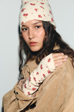 ZARA МИТЕНКИ ТРИКОТАЖНЫЕ С ЦВЕТОЧНЫМ ПРИНТОМ, ЭКРЮ