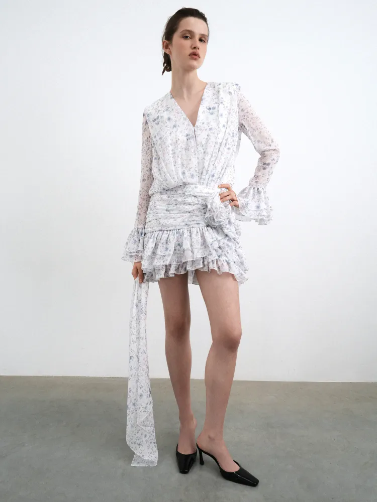 Мира мини (Mira mini), платье мини из молочного шифона с цветочным принтом