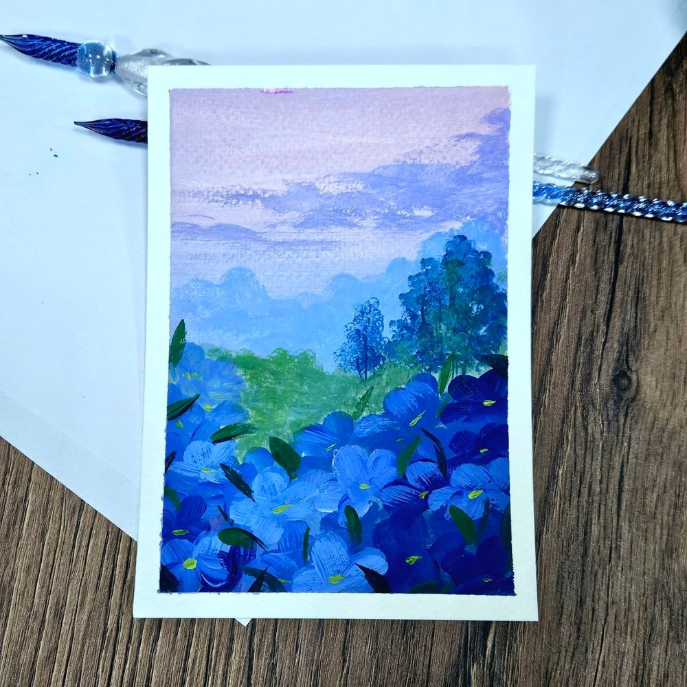 Авторская открытка от Стрелки Натали. Гуашь. &quot;Синие цветы&quot;