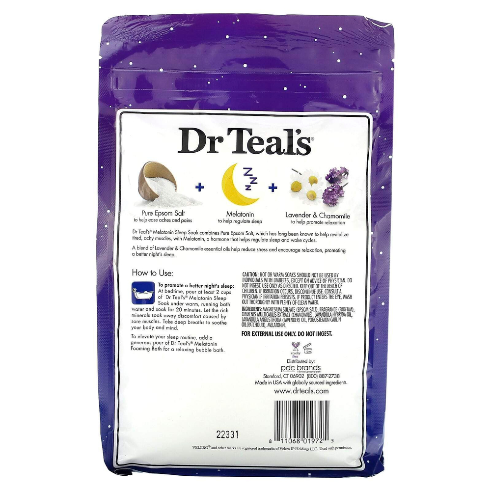 Dr. Teal's, чистая английская соль, мелатонин для сна, со смесью эфирных масел, 1,36 кг (3 фунта)