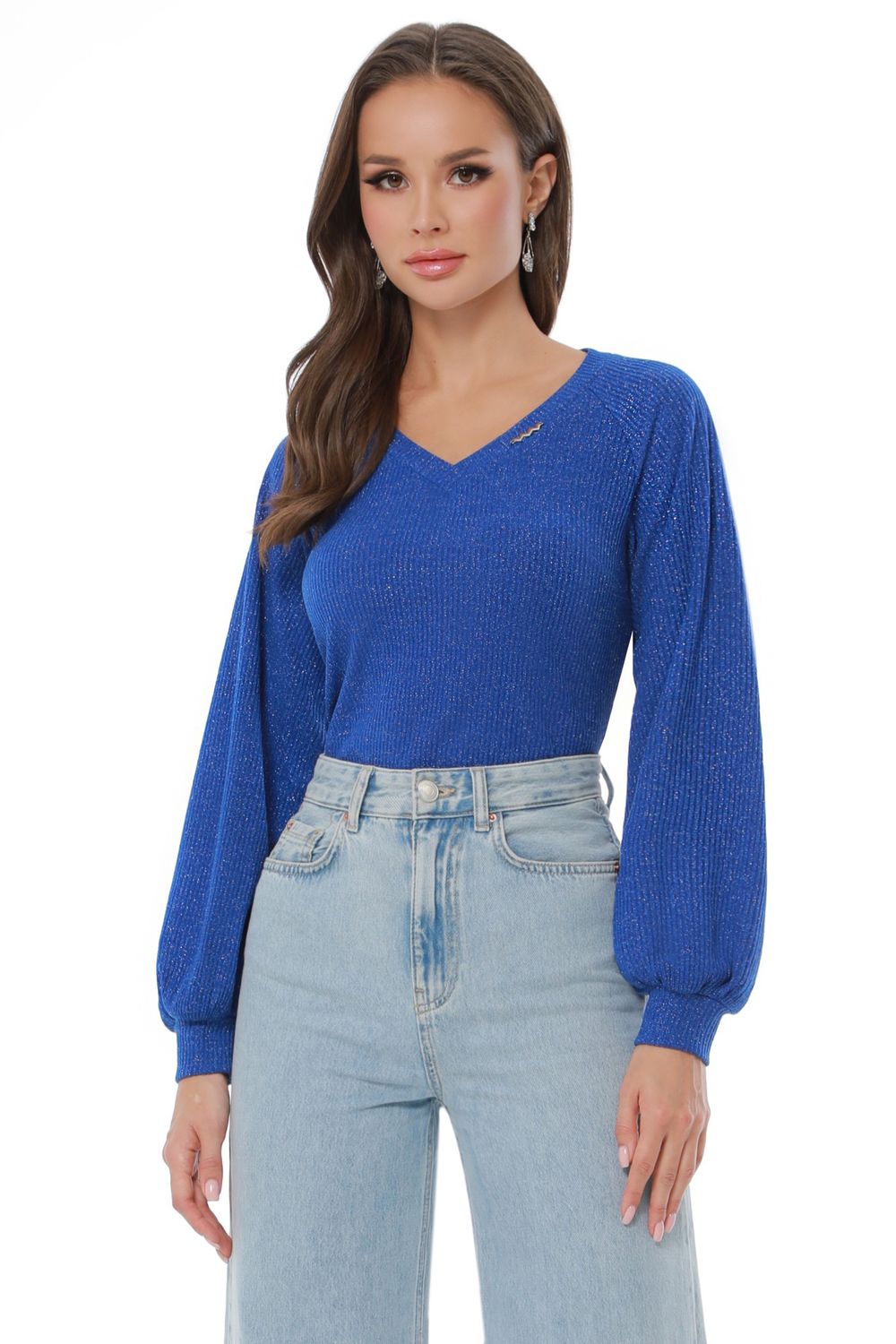 Джемпер васильковый в рубчик с пышными рукавами DStrend (Акция)