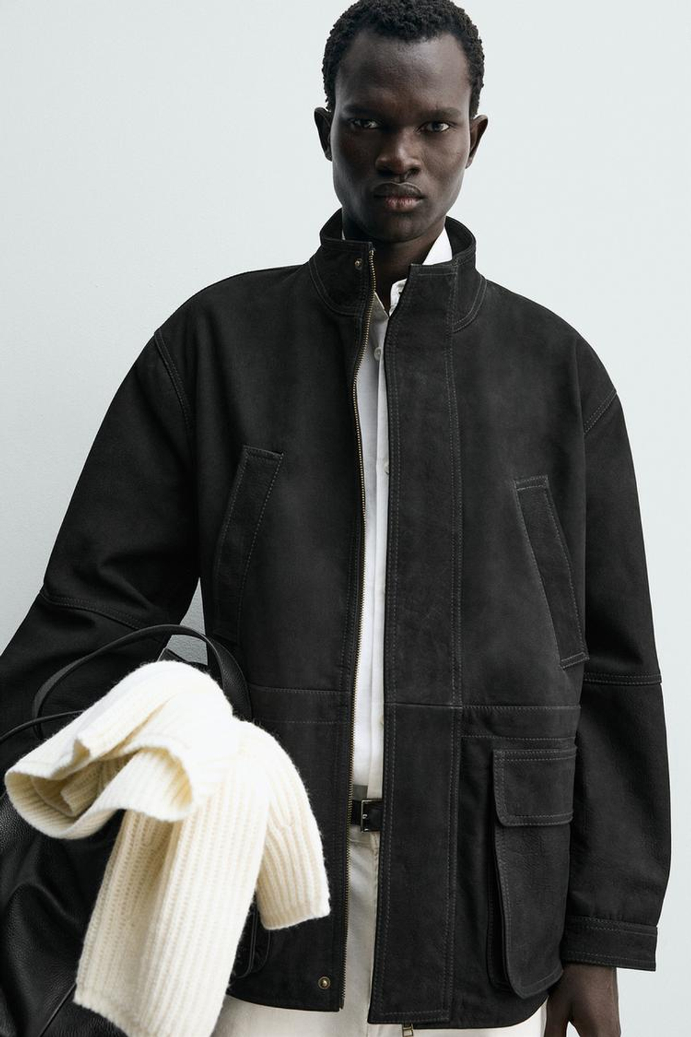 ZARA ПАРКА СВОБОДНОГО КРОЯ ИЗ КОЖИ, АНТРАЦИТОВО-СЕРЫЙ