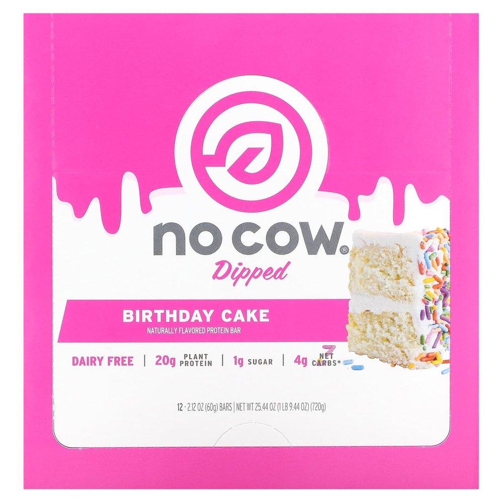 No Cow, протеиновый батончик в глазури, со вкусом праздничного торта, 12 батончиков по 60 г (2,12 унции)