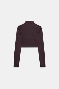 ZARA УКОРОЧЕННАЯ ФУТБОЛКА ИЗ ПОЛИАМИДА, КОРИЧНЕВЫЙ