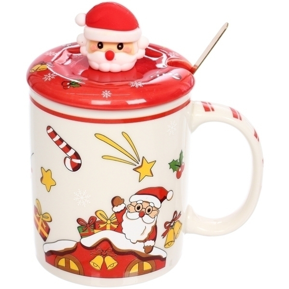 Кружка керамическая 400мл «Новогодний микс» с крышкой и ложкой