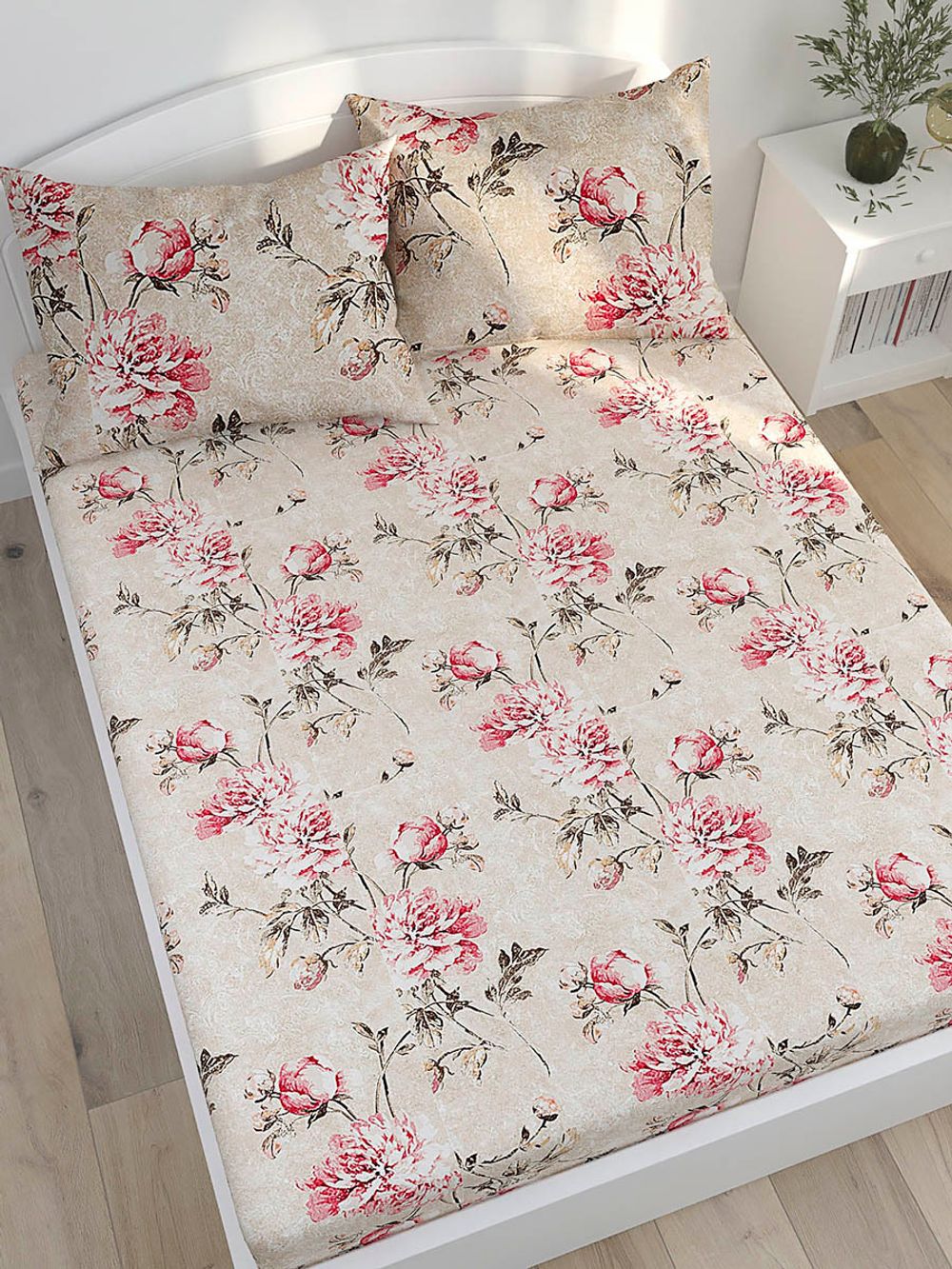 Постельное белье Сказка "Пионы винтаж" 1,5-сп Наволочка 50х70 см 1 шт Простынь на резинке 90х200 см Пододеяльник 145х215 см , перкаль