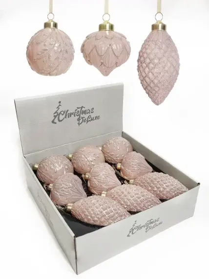Набор стеклянных украшений Королевский каприз 80 мм., 9 шт., шар, капля, луковка, розовый, Christmas DeLuxe (13030)