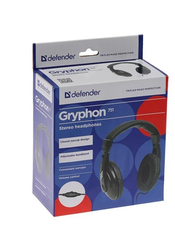 Наушники Defender Gryphon 751, полноразмерные, 100 дБ, 32 Ом, 3.5 мм, 2 м, чёрные