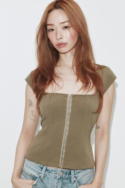 ZARA ЭЛАСТИЧНЫЙ ТОП-КОРСЕТ, ТЕМНЫЙ ХАКИ