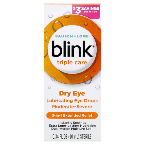 Bausch + Lomb Blink, Blink® Triple Care, смазывающие глазные капли от сухости глаз, 10 мл (0,34 жидк. унции)