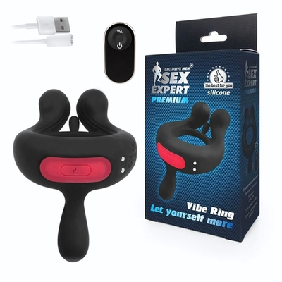 Черное эрекционное виброкольцо Sex Expert с пультом ДУ (Цвет: черный)