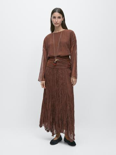 Massimo Dutti Плиссированная юбка-миди из органзы, карамельный