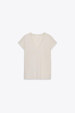 ZARA ФУТБОЛКА ИЗ ХЛОПКА И ЛЬНА, ПЕСОЧНЫЙ