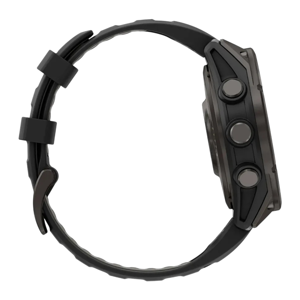 Cпортивные часы Garmin fenix 8 Pro, 47 мм, AMOLED, титан с DLC, сапфир, силиконовый ремешок цвета «чёрный/серый» Тёмно-серый безель из титана с DLC-покрытием, AMOLED-дисплей. Ремешок с классической застёжкой — на запястье обхватом 125–208 мм