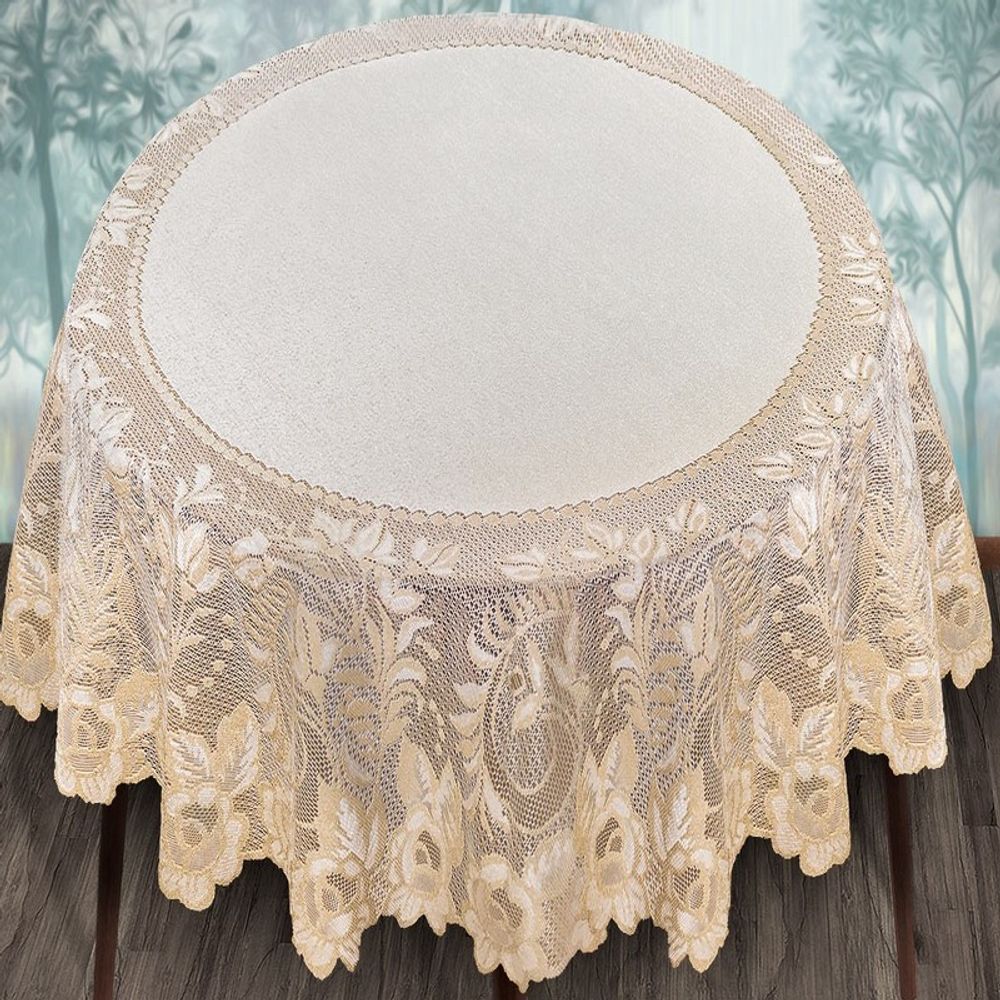 Скатерть жаккардовая круглая, цвет кремово-золотистый, Польша.