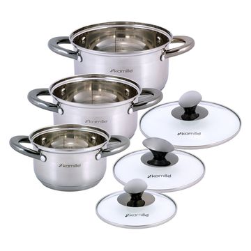 Набор кастрюль 6 предметов Kamille KM 4926  (1 л; 1,5 л; 2 л.) из нержавеющей стали с черными ручками