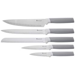 НАБОР AGNESS ИЗ 9ПР: 5 НОЖЕЙ, ПОЛОВНИК, ЛОПАТКА И ШУМОВКА, ВРАЩАЮЩАЯСЯ ПОДСТАВКА, ЦВЕТ: СЕРЫЙ