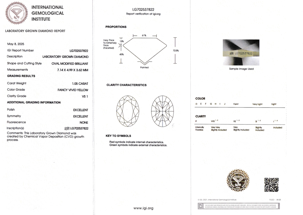 Лабораторно-выращенный бриллиант овал 7.14 х 4.99 х 3.62 мм FancyVIVID YELLOW/VS1 1.05 ct