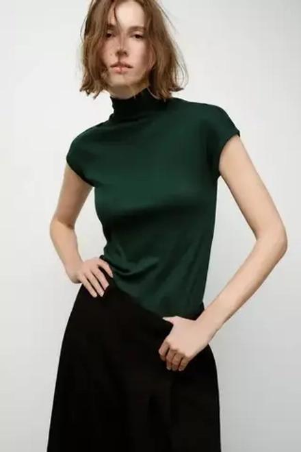 ZARA ТОП В РУБЧИК С ВОРОТНИКОМ-СТОЙКОЙ, БУТЫЛОЧНО-ЗЕЛЕНЫЙ