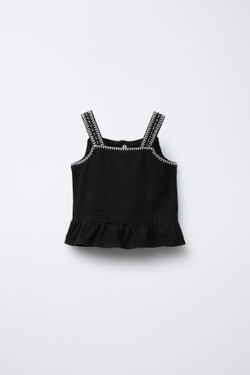 ZARA ДЖИНСОВЫЙ ТОП С ВЫШИВКОЙ, ЧЕРНЫЙ