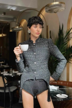 Жакет с кисточками твидовый меланж