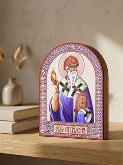 Икона аркой Спиридон Тримифунтский (с огнём), свт. на дереве: 95 х 120 (Синопсисъ)