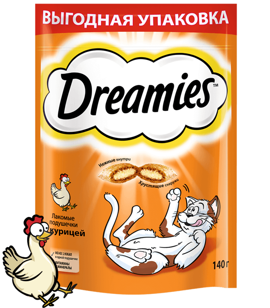 Лакомство Dreamies для кошек, лакомые подушечки с курицей, 140 г