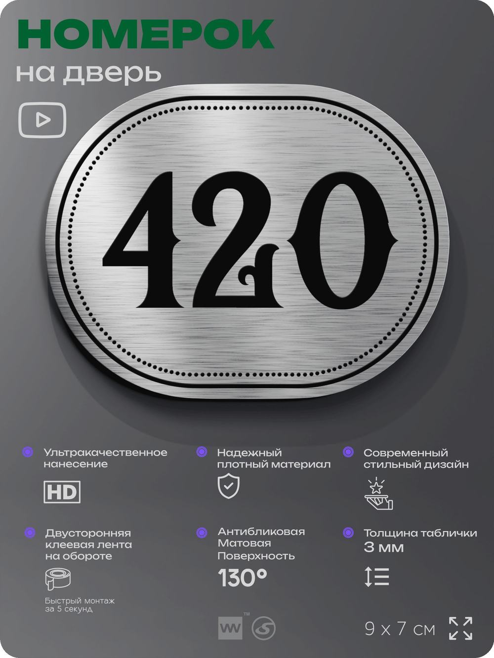 Номерок на дверь квартиры 420, для кабинета, офиса, шильдик 9 х 7 см, брашированная сталь, Айдентика Технолоджи