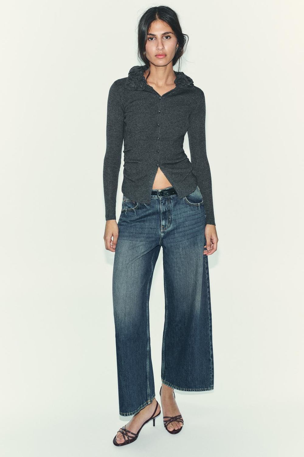 ZARA КАРДИГАН ИЗ ШЕРСТИ С ОБЪЕМНЫМИ ЦВЕТАМИ, АНТРАЦИТОВО-СЕРЫЙ