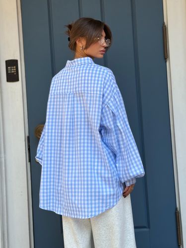 Голубая хлопковая оверсайз рубашка в клетку