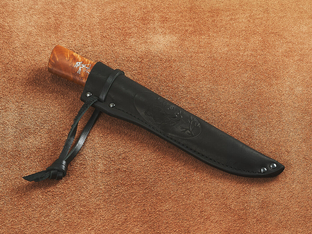 Якутский нож "Амга", сталь Х12МФ, рукоять янтарная стабилизированная карельская береза / рисунок