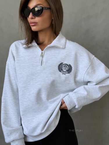 Меланжевый серый хлопковый свитшот с воротом на молнии