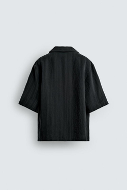 ZARA ЖАККАРДОВАЯ РУБАШКА BOXY FIT В ПОЛОСКУ, ЧЕРНЫЙ