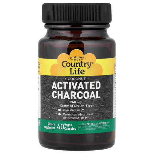 Country Life, активированный уголь, кокос, 40 веганских капсул (260 мг в 1 капсуле)