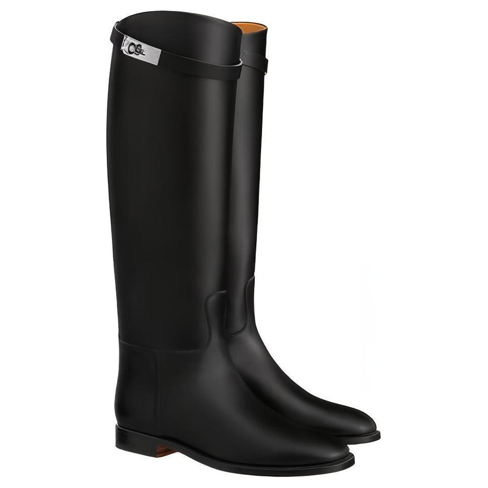 HERMES Jumping Knee high Boots Women"s Black Asia Version