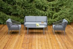 "Канны" лаунж-зона 4-местная (разборная) из роупа со столиком "Диего" цвета "серый гранит", роуп темно-серый круглый, ткань темно-серая