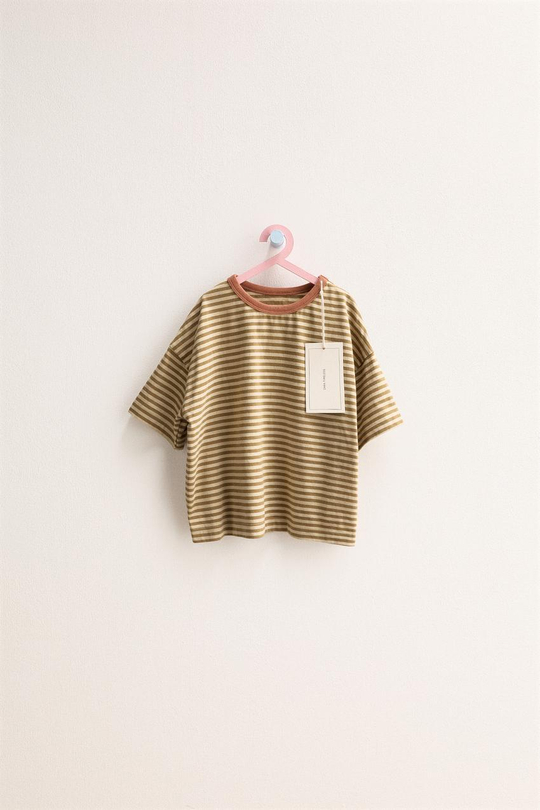 ZARA TIMELESS - ПОЛОСАТАЯ ФУТБОЛКА С КОНТРАСТНЫМ ВОРОТНИКОМ, ХАКИ