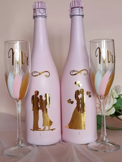 Наклейки свадебные зеркальное золото на бокалы и бутылки.