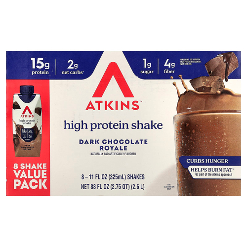 Atkins, High Protein Shake, Dark Chocolate Royale, 8 Shakes, 11 fl oz (325 ml) Each