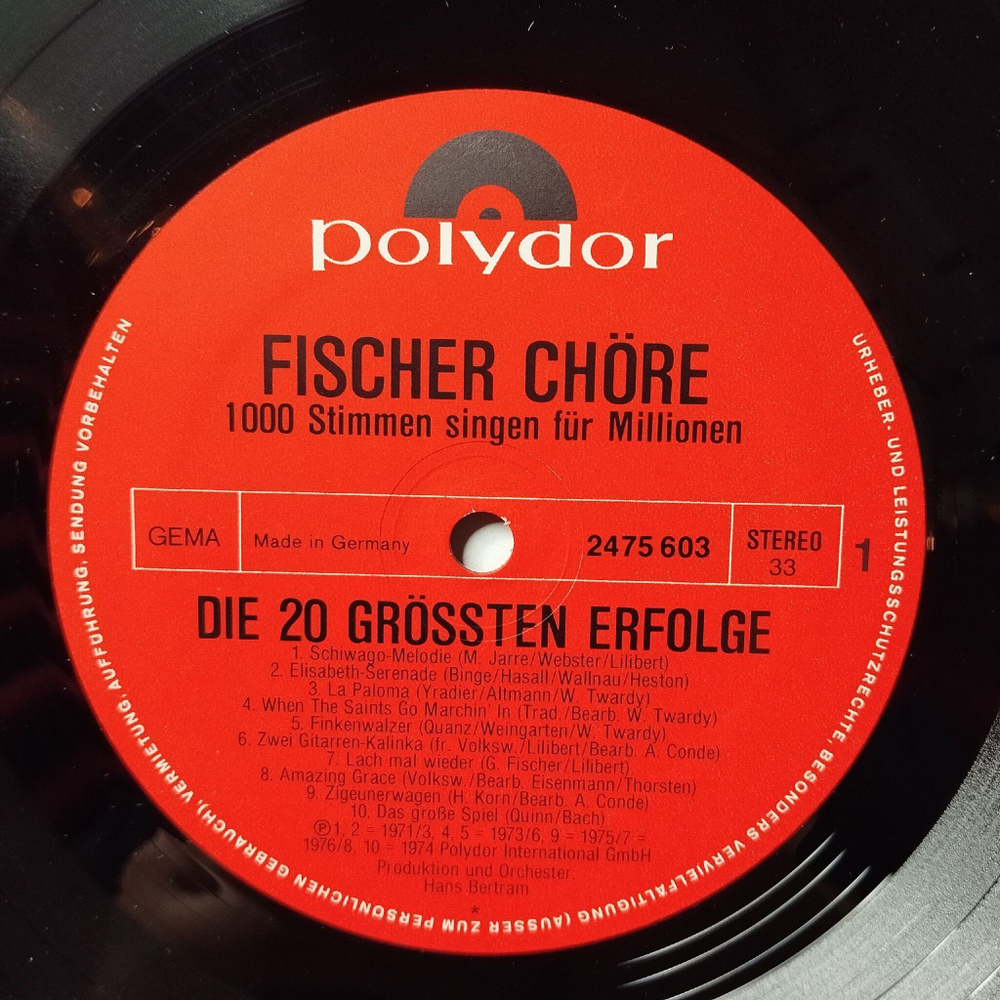 Винтажная виниловая пластинка LP Fischer Chore De 20 Grootste Successen (Germany 1979)