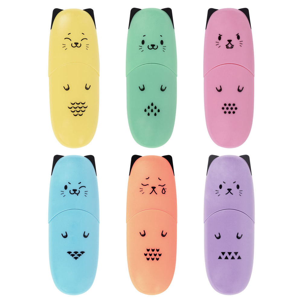 Текстовыделитель мини BRAUBERG KIDS "CUTE CATS PASTEL", АССОРТИ В ПЛАСТИКОВОЙ БАНКЕ, линия 1-5 мм, 152434.
