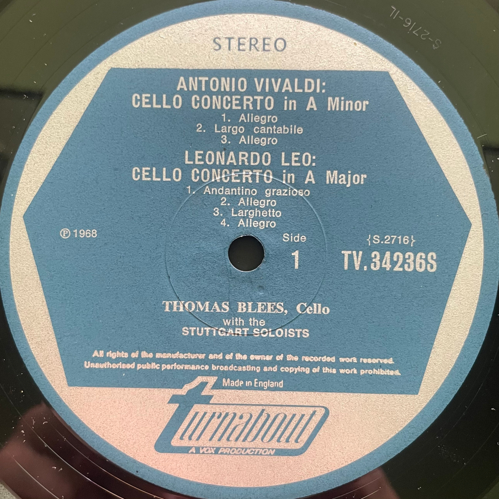 Leonardo Leo / Antonio Vivaldi / Giuseppe Tartini - Thomas Blees, Stuttgart Soloists ‎– Baroque Cello Concerti (Англия 1968г.)